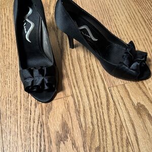 Nina Black Satin Heels with Bow Detail